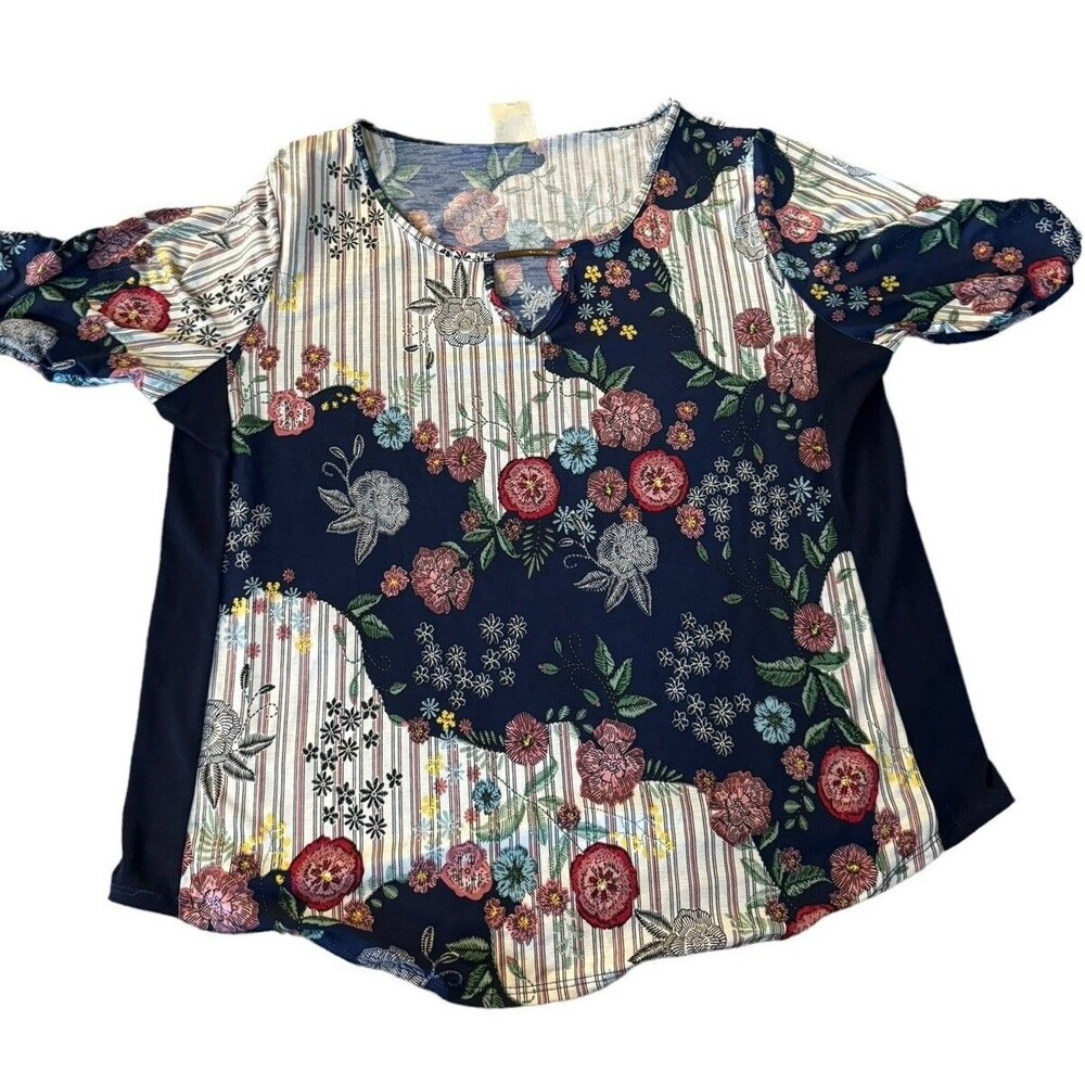 Naif Floral Blue Burgundy Women's Scoop Neck Top Size Large